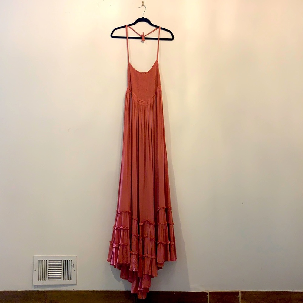 Free People Size Large Stretch Bodice Coral Pink Bohemian Dress